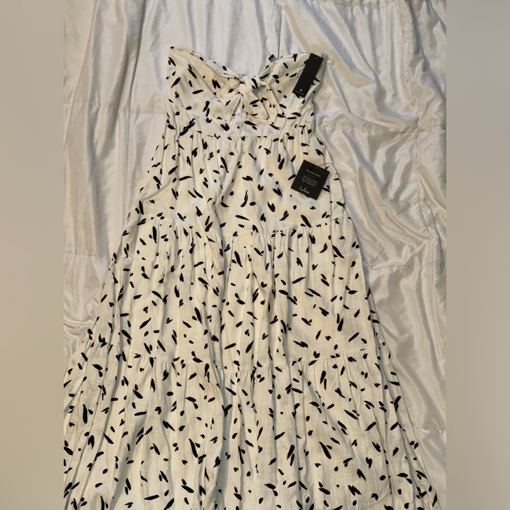 Lulus So Stylish White Abstract Print Tie-Front Strapless Midi Dress NWT - Picture 3 of 6